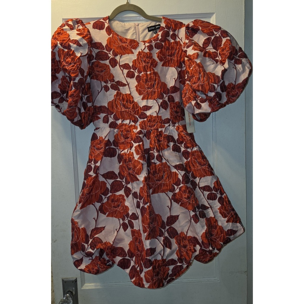 Sister Jane Wild Berry Floral Jacquard Mini Dress. Vibrant Rose. M - Picture 12 of 13